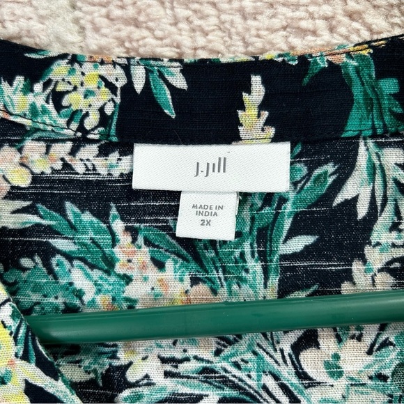 J. Jill Floral 100% Cotton Midi Dress 3/4 Sleeves V Neck Navy Green Peach Yellow - Picture 3 of 12